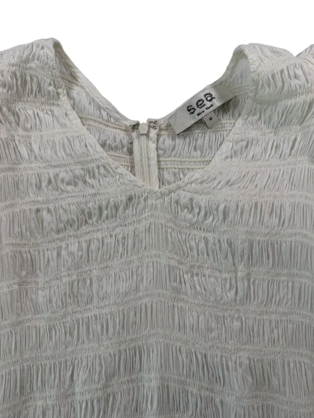 Sea New York Smocked Tiered Maxi Dress Puff Sleeves Linen Blend White Sz Medium
